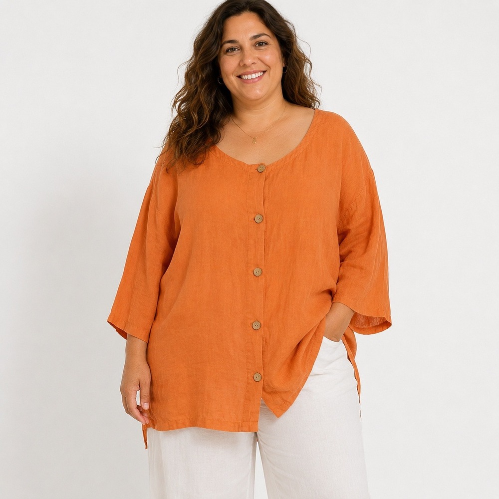 Nicole Miller Linen Tunic Shirt Womens 2X Orange Lagenlook Boho Button Up